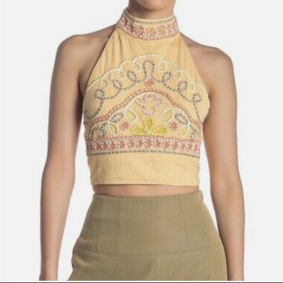 Free People Yellow and Gold Embellished High Neck Crop Top - Picture 2 of 5